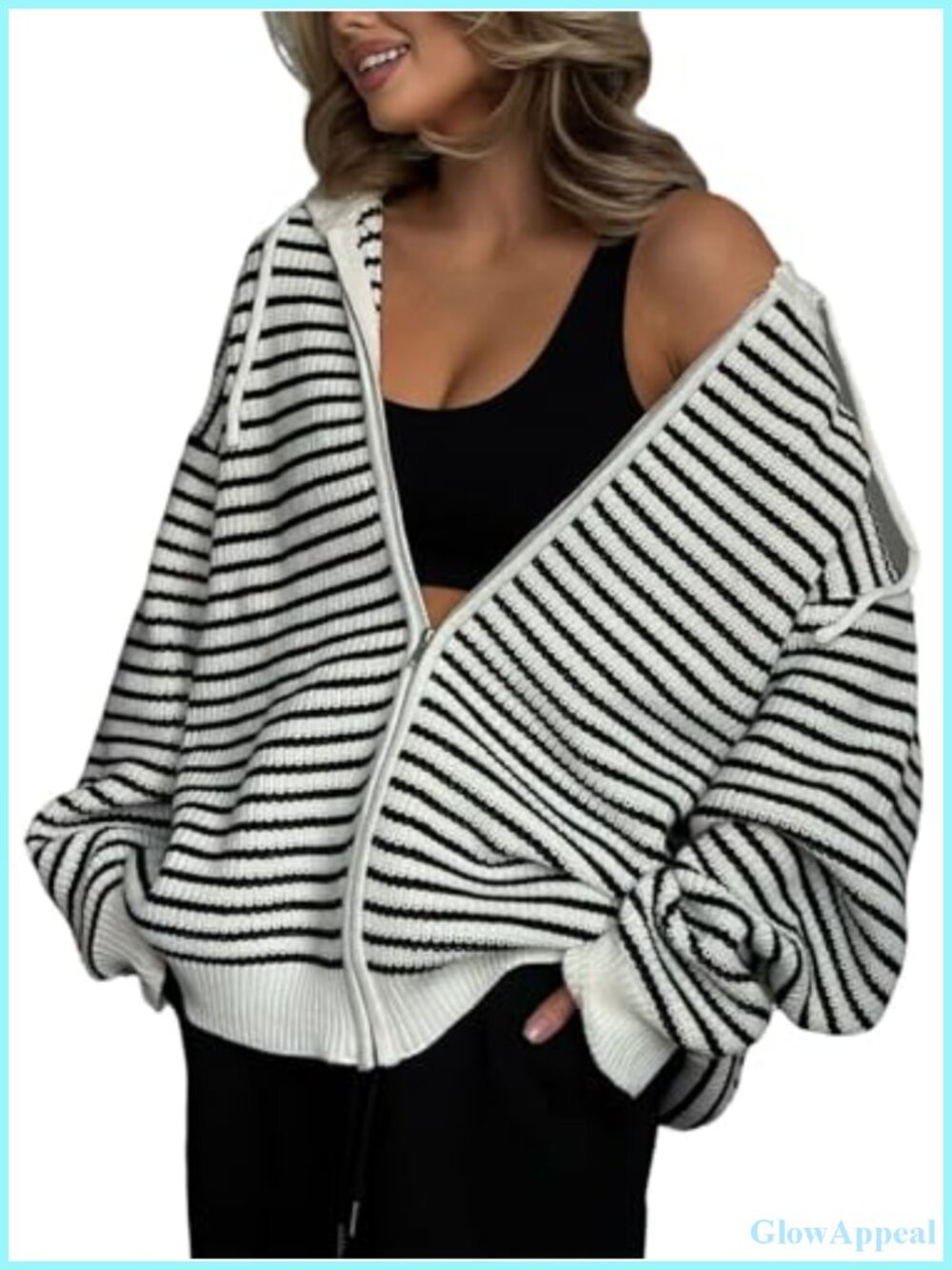 Women's Oversized Striped Knit Zip Up Hoodie Sweatshirt Fall Winter